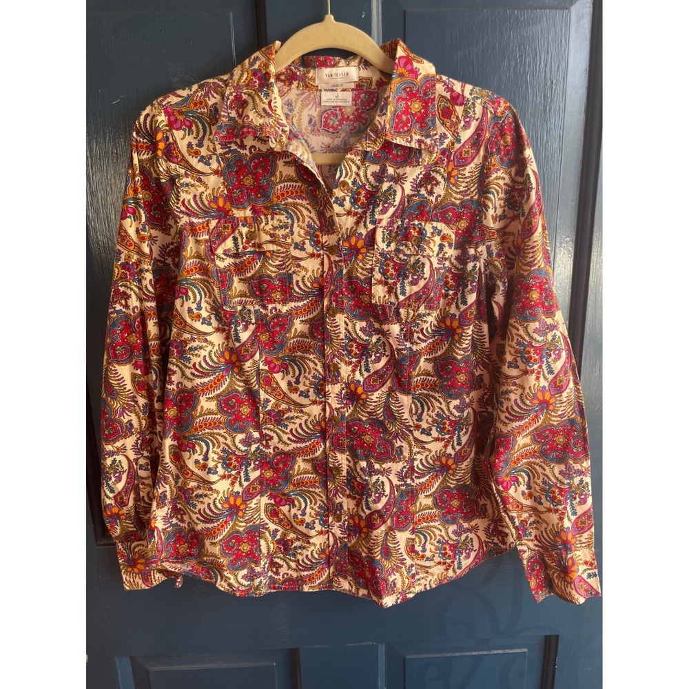 Van Heusen Button Down Shirt Classic Fit‎ Paisley Multi Color Cotton Med